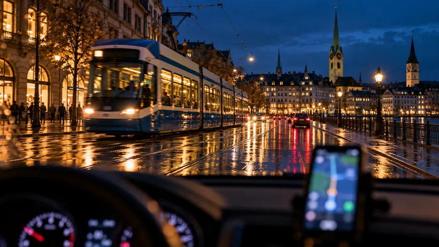 Abendstimmung in Zürich mit Tram, Navigation im Auto