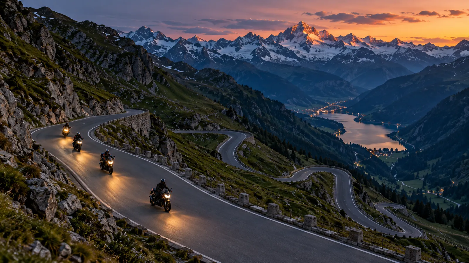 Vier Motorräder mit Licht in den Kehren einer Alpenpassstrasse in der Abenddämmerung