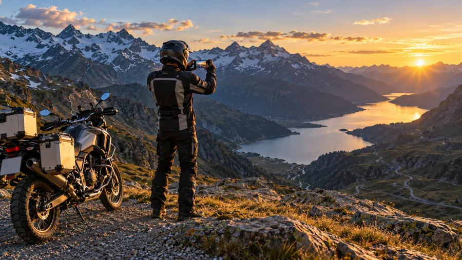 Motorradfahrer fotografiert das Bergpanorama mit dem Smartphone