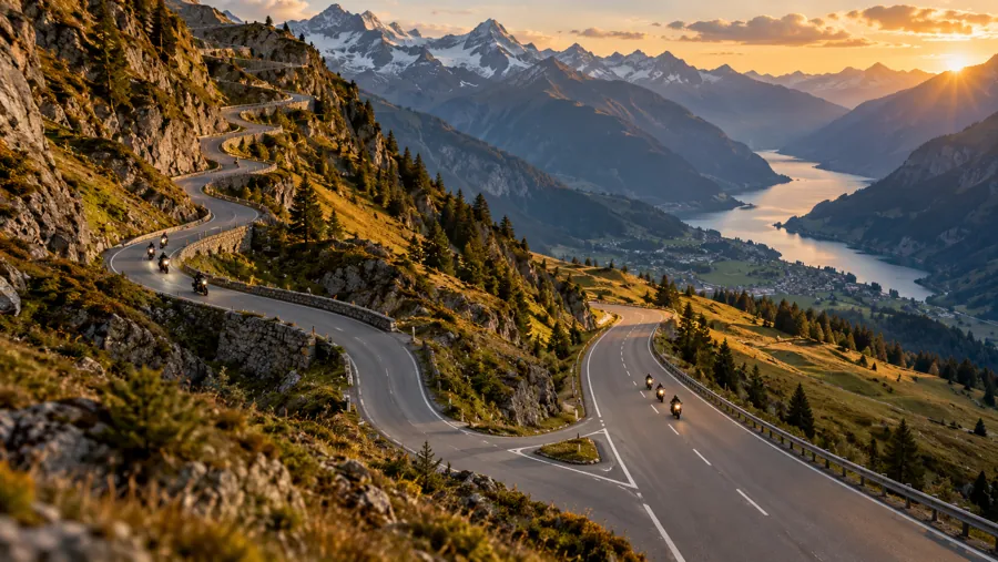 Eine Bergstrasse teilt sich in Passstrasse und Talstrasse, auf jeder fährt eine Gruppe Motorräder