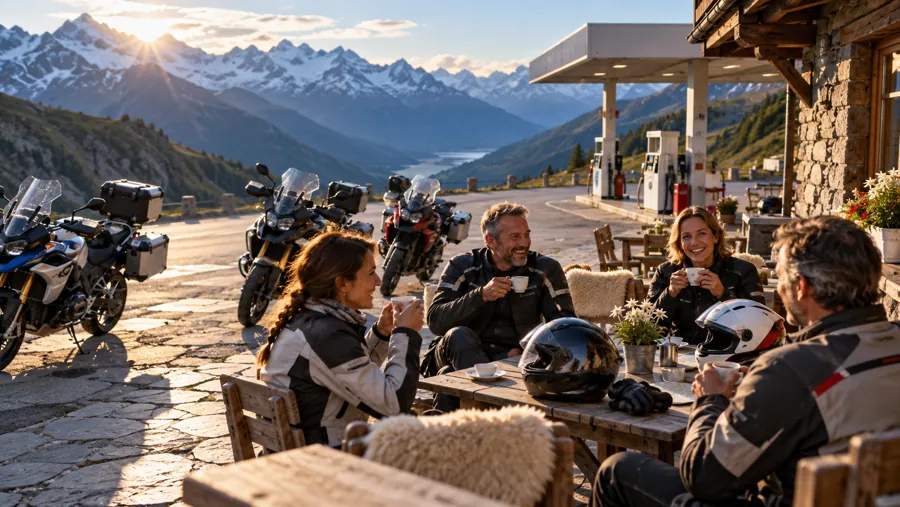 Motorräder vor einer kleinen Tankstelle mit Café auf einem Pass, Fahrer machen Pause