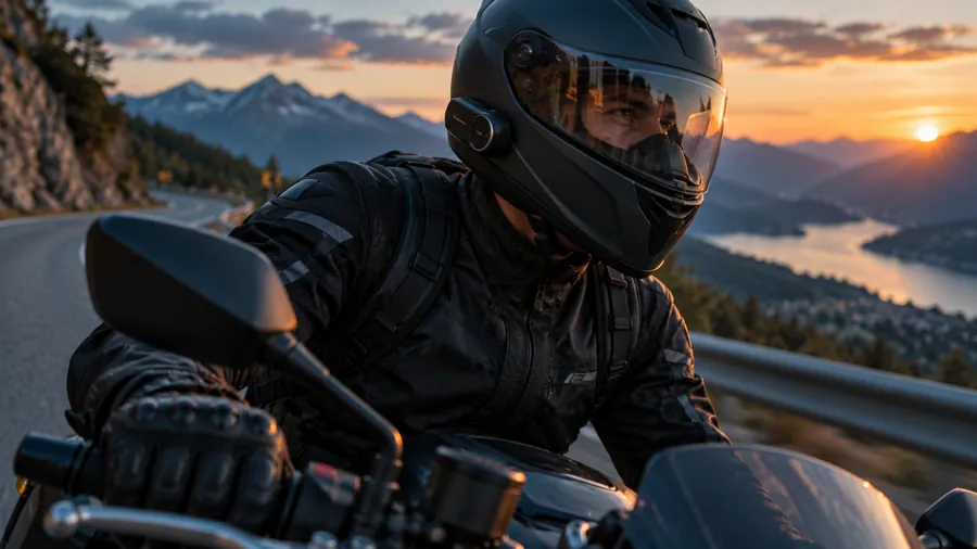 Motorradfahrer mit Headset am Helm, Hand am Lenker