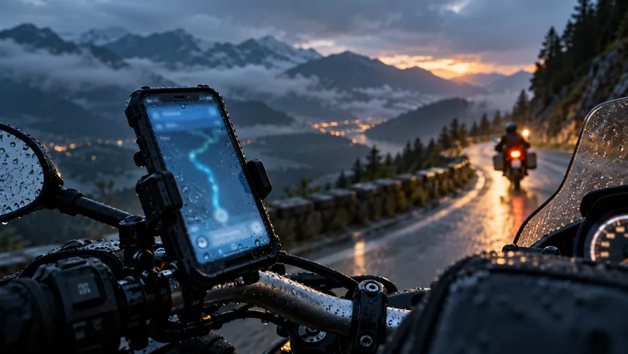 Smartphone am Motorradlenker bei Nieselregen auf einer Bergstrasse