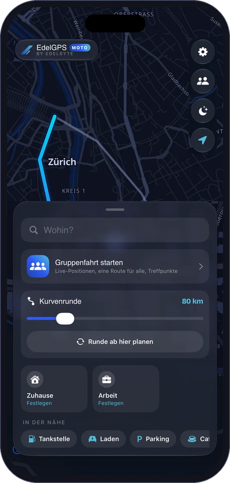 EdelGPS Moto auf dem iPhone: Suche, Gruppenfahrt starten, Kurvenrunde